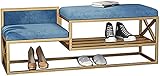 EnixWh Wohnzimmer-Schuhhocker, verdickte Samt-Rückenlehne, rechteckiger Hocker, 2-lagiges Aufbewahrungs-Eisen-Schuhregal, geeignet für Wohnzimmer-Korridor, blau, 120 cm