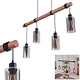 Pendelleuchte Hunouri, Deckenlampe aus Metall schwarz und Holz, Vintage Look Zimmerlampe mit Rauchglasschirmen 4-flammig, 4 x E27, Höhe beliebig verstellbar,ohne Leuchtmittel