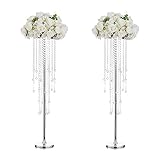 Hohe Vasen Hochzeit Mittelstücke für Tische - 2 Stück Silber Blumenvase mit Kronleuchter Kristallaufsatz Tischdekoration Inweder 100cm Hoher Blumenständer aus Metall für Hochzeitsfeiern zu Hause