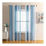 Mesnt Vorhänge Wohnzimmer, Polyester Halbtransparenter Voile-Netzvorhang mit zweifarbigen Streifen, Blau, H183 x B137 cm