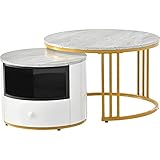 ATHRZ Runder Nesting Couchtisch Modern Beistelltisch 3er Set Couchtisch Rund FüR Wohnzimmer Balkon Garten Usw Holzakzent Mit Massivem Pulverbeschichtetem Metallgestell Grau/Weiß