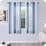 MRTREES Voile Gardinen Kurz Vorhang Halbtransparent Streifen Stores Schals mit Ösenschal Moderner Wohnstil Weiß+Blau 145×140cm (H×B) für Dekoration Kinderzimmer Wohnzimmer Schlafzimmer 2er-Set