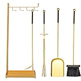 Rungao Kaminbesteck,Kaminwerkzeug-Set 5-teilig aus Schmiedeeisen, hitzebeständig, Besen Schaufel, Schürhaken und Halterung für Holzofen, 30 × 12 × 76 cm(golden)