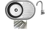 VBChome Einbauspüle mit Armatur 77x55 Leinenstruktur Edelstahl Küchenspüle Spüle Ablagefläche Rechts Abtropffläche Edelstahlspüle eckiges Camping Ablaufgarnitur Siphon