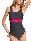 Gwinner Martha II Badeanzug Für Damen, Schwimmbad, Strand, Herausnehmbare Einlagen, Rundhals, Größe 40, Grau- Fuchsie