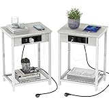 YBING Nachttisch mit Ladestation 2er-Set, Moderner Beistelltisch, 2-Stöckiger Kleiner Nachttisch mit Aufbewahrungsregal, Couchtische für Schlafzimmer, Wohnzimmer, Bauernhaus, Nachtschrank, Weiß