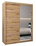 Kryspol Schwebetürenschrank Verona 2-150 cm mit Spiegel Kleiderschrank mit Kleiderstange und Einlegeboden Schlafzimmer- Wohnzimmerschrank Schiebetüren Modern Design (Artisan Eiche)