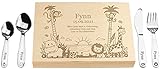 LAUBLUST Kinderbesteck mit Gravur - inkl. Personalisierte Geschenkbox aus Holz - Dschungel Motiv - Natur | Esslernbesteck Edelstahl, 4-teilig - Geschenk mit Namen - Erinnerung an Baby & Kinderzeit