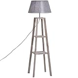 HOMCOM Stehlampe mit Regal, Skandinavische Standleuchte, Lampe, Leinen, Kiefernholz, Natur, Grau, 45 x 45 x 148 cm