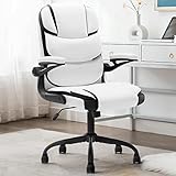 YAMASORO Weiss Bürostuhl Leder Stuhl Weiss mit aufklappbaren Armlehnen Schreibtischstuhl Höhenverstellbarer 360° Drehstuhl mit Verstellbarer Rückenlehne