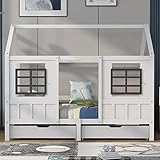 Hausbett mit 2 Schubladen, Einzelbett, Tagesbett, Kinderbett mit 2 Fenstern, Rahmen aus Kiefer, MDF, weiß (200x90cm)