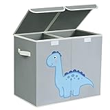 DIMJ Kinder Aufbewahrungsboxen mit Deckel, Design mit Doppeltem Deckel, Aufbewahrungsbox Kinder mit Griffe, Faltbox für Kinderzimmer, 47x29x40cm, Hellgrau+Dinosaurier