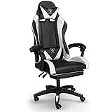 Trisens Gaming-Stuhl mit Fußstützen - Bürostuhl ergonomisch stufenlos einstellbar - Gamer Chefsessel, Computer Office Chair, Schreibtischstuhl, Büro Stuhl, Farbe:Schwarz/Weiß