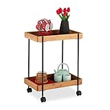 Relaxdays Servierwagen, Teewagen mit 2 Etagen, & Eisen, Beistelltisch mit Rollen, 57 x 46 x 28 cm, schwarz/natur