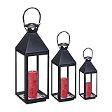 Relaxdays Laternen 3er Set, Dekolaternen für draußen & drinnen, 3 Größen, Metall, Glas, Windlichter für Kerzen, schwarz, 10034256