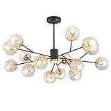 HWORKS Moderne Kronleuchter-Beleuchtungsdecke mit Aluminiumdraht, Glaskugel, dimmbare Leuchten für Esszimmer, Wohnzimmer, Küche, Schwarz, 15-flammig