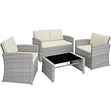 TecTake Lounge Gartenmöbel Set aus Poly Rattan für den Garten, Möbel für den Balkon, 12-teilige Garten Lounge (wetterfest), Essgruppe mit Outdoor Sofa, Sessel und Tisch für 4 Personen (hellgrau)