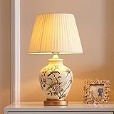 Mengjay Klassische Vintage Art Keramik Tischlampe, Vase-Like-Tuch Lesebuch-Licht Schreibtischlampe Porzellan-Antike Blumen verzierte Nacht Birne Beistelltisch Dresser (B)