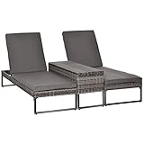 Outsunny dreiteiliges Set Sonnenliege mit Verstellbarer Rücklehne Garten Liege Teetisch Flammhemmende Polsterung Metall PE-Rattan Polyester Grau 195 x 60 x 86 cm