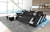 Sofa Apollonia L Form Ecksofa Ledersofa mit LED Ottomane Couch mit Kopfstützen Designersofa (Ottomane rechts, Schwarz-Weiß)