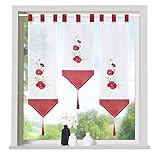 heimtexland ® Scheibengardinen Set 3-teilig Lamellen Gardine Transparent Bestickt mit Schlaufen Rot Mohnblumen Typ710