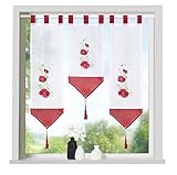 heimtexland ® Scheibengardinen Set 3-teilig Lamellen Gardine Transparent Bestickt mit Schlaufen Rot Mohnblumen Typ710