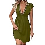 Komiseup Sommerkleid Damen Kurz Sexy Minikleid Damen Sommer Einfarbig Knielang Boho Kleid Damen Ärmellos V-Ausschnitt Kleider mit Rüschen Elegant A-Linie Strandkleid Sommerkleider Partykleid