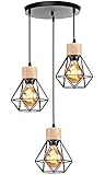 TOKIUS Pendelleuchte Vintage Industrial 16CM Hängelampe mit Geometrischem Design E27 Lampe aus Holz Eisen Käfig Lampenschirm Schwarz Hängeleuchte für Esstisch Küche (Pendellampe 3-flammig, Rondell)