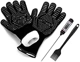 JATrade Grillhandschuhe Ofenhandschuhe inkl. Grillthermometer & Marinierpinsel, feuerfeste Handschuhe für Grill Dutch Oven Holzofen Feuerschale Smoker Kamin, Zubehör Set hitzebeständig bis 800 Grad