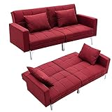 Mingone Schlafsofa Bettsofa 2 sitzer Couch Sofa mit Schlaffunktion und 2 Kissen für Wohnzimmer Klappsofa, Weinrot