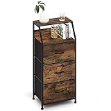 WEEU Kommode mit 3 Schubladen Holzfurnier Stoffschrank Sideboard Vintage Highboard Metall Container Schränke Organizer Küche Schlafzimmer Büro Wohnzimmer Gästezimmer Flur Schwarz + Braun Holz + Stahl