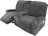 Samt-Recliner-Slipcover mit Tassenhaltern, ultraweiche Stretch-Recliner-Stuhlabdeckung mit Seitentasche, Nicht rutschfeste waschbare Möbelschutz for Wohnzimmer (Color : Gray, Size : 2 Seater)