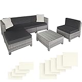 TecTake 800804 Hochwertige Poly Rattan Aluminium Lounge mit 10 cm Polsterung, inkl. Kissen und 2 Bezugssets, 2 Sessel, 2 Ecksessel, 1 Hocker, 1 Tisch mit Glasplatte (Hellgrau | Nr. 403742)