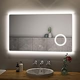 S'AFIELINA Badspiegel mit Beleuchtung 100x60cm LED Badspiegel mit Touch-Schalter Badezimmerspiegel Kaltweiß Licht 6500K Wandspiegel mit 3-Fach Vergrößerung