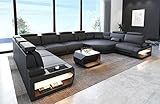 Generisch Leder Wohnlandschaft Asti Sofa U Form mit LED Beleuchtung Kopfstützen Designersofa Couch (große Ecke rechts, Grau-Schwarz)