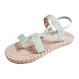 Damen-Sommermode, lässig, einfarbig, einfach, mit Riemchen, Stroh, Strand, flache Unterseite, große Größe, Sandalen für Damen, grün, 37EU