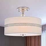 A1A9 Moderne 3-Licht Trommel Pendelleuchte, 40 cm Stoff Lampenschirm, Semi Flush Mount LED Deckenleuchten Chrom Rod Kronleuchter für Wohnzimmer Eingangsbereich Flur Esszimmer (Weiß)