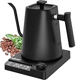 Edelstahl Wasserkocher mit Temperatureinstellung,Schwanenhals Wasserkocher,24h Warmhaltefunktion,Teekocher Elektrisch mit Temperaturanzeige,Coffee Kettle,1L,1200W,Schwarz