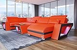 Wohnlandschaft Catania U Form Ledersofa mit Beleuchtung Sofa mit USB-Ports Kopfstützen Couch in Leder (Ottomane rechts, Orange-Schwarz)