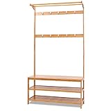 Exquisiter Kleiderständer mit zwei Stangen, robuster Garderobenständer aus Bambus mit Schuhhocker und Haken, freistehender Kleiderständer für schmale Eingangsbereichsecke, robuste Konstruktion, 90 x 3