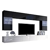 Moderne Wohnwand Calabrini I, Anbauwand Mediawand Hängevitrine TV Lowboard Wandregal Wohnzimmerschrank Fernsehschrank (mit weißer LED Beleuchtung, Schwarz + Schwarz Hochglanz/Weiß + Weiß Hochglanz)