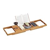 Relaxdays XL Badewannenablage, mit Buchstütze & für Tablet, Luxus Badewannenbrett, Bambus, ausziehbar 70-105 cm, Natur, 1 Stück
