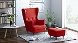 Leo Lounge Sessel mit Armlehnen, Stuhl aus Stoff mit Holz Füßen, Ohren- & armlehnensessel, Polsterstuhl, Ohrensessel, Ohrensessel groß, für Esszimmer & Wohnzimmer (Rot, Mit Hocker)