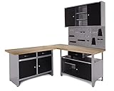 Ondis24 Werkstatt Ecklösung Basic One, 180 cm breit, Holzarbeitsplatte, 2x Werkbank, 1x Werkzeugschrank, Stahl, abschließbar, 3x Werkzeugwand - Lochwand+Haken Set (Arbeitshöhe 85 cm)