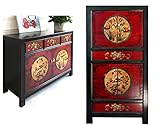 OPIUM OUTLET Kombination aus chinesischem Schrank und Vintage Kommode Hochzeitsschrank Sideboard Anrichte asiatisch orientalisch Kolonialstil Shabby Chic Stil (rot-schwarz)