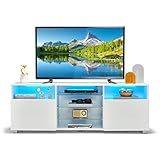 GYMAX TV-Schrank mit LED Beleuchtung TV Lowboard für Fernseher bis zu 65 Zoll TV-Kommode mit 2 Türen & 3 Glasböden Fernsehtisch Fernsehschrank 146 x 35 x 53 cm Weiß
