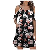 Komiseup Sommerkleid Damen Kurz Blumen Minikleid mit Rundhals Elegant Sexy Schulterfreies A-Linien Boho Kleid mit Tasche Blumen Druck Kurzarm Sommer Kleider Strandkleid Leichte Lufte Freizeitkleid