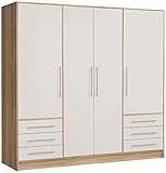 FORTE Jupiter Kleiderschrank 4-türig, 6 Schubladen, Holzwerkstoff, Sonoma Eiche + Weiß, 206.5 x 60 x 200 cm