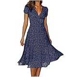 Sommerkleid Damen Kurzarm Strandkleid Blumenkleid Boho Kleid V Ausschnitt Elegant Blumen Kleider Freizeitkleid A Linie Lang Maxikleider Sommer Strand Frauen Festlich Cocktail Partykleid (Navy, M)