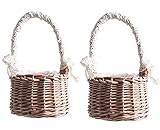 2 Stücke Mini Geflochtener Blumenkorb Rattankorb Obstkorb Holz Blumentopf Rattan Korb Wicker Basket Blumenmädchen Körbchen für Blumenarrangement Hochzeit Tischdeko Shabby Chic Landhausstil Deko